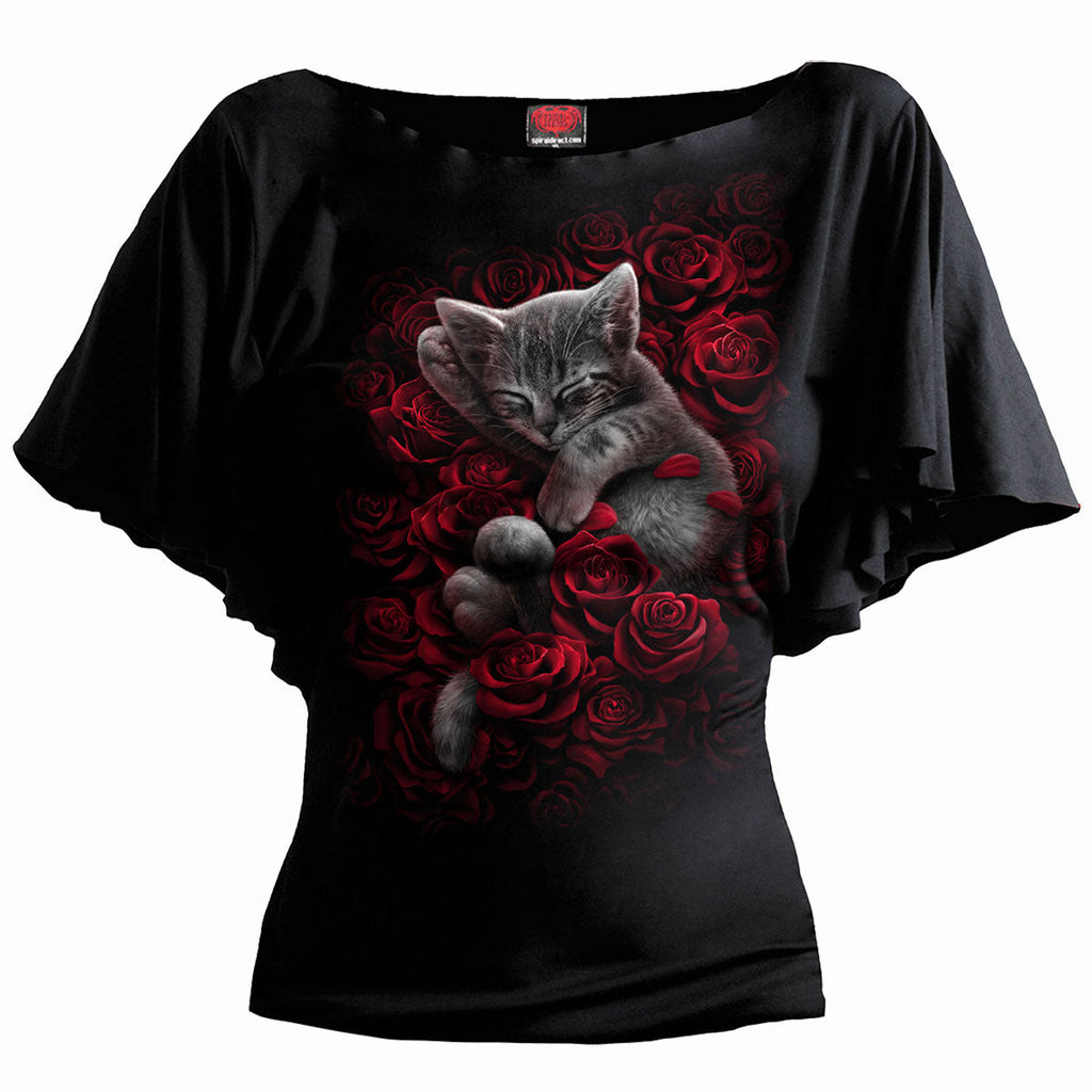 Spiral Ladies Latin Boatneck Top: Bed Of Roses (Black)