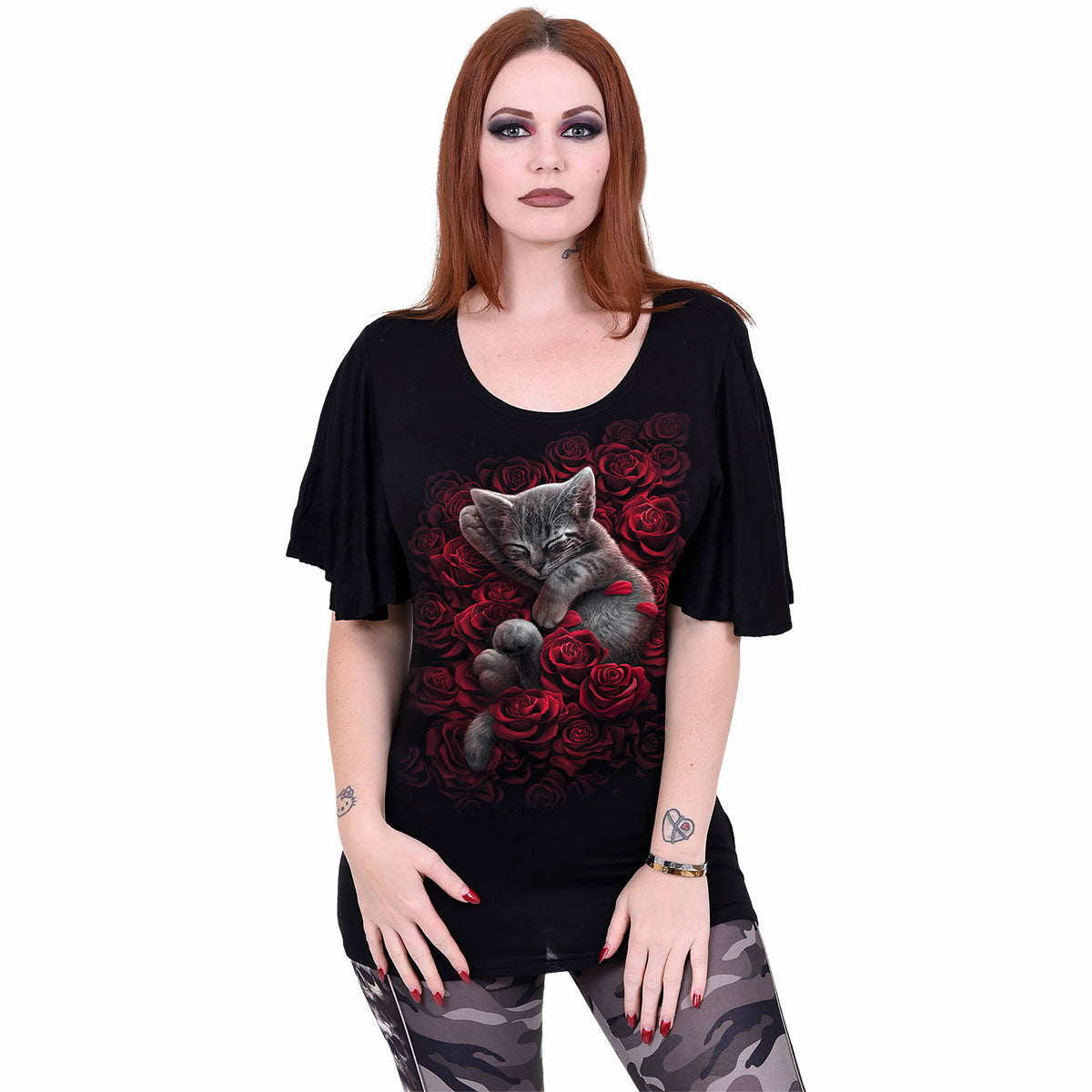 Spiral Ladies Latin Boatneck Top: Bed Of Roses (Black)