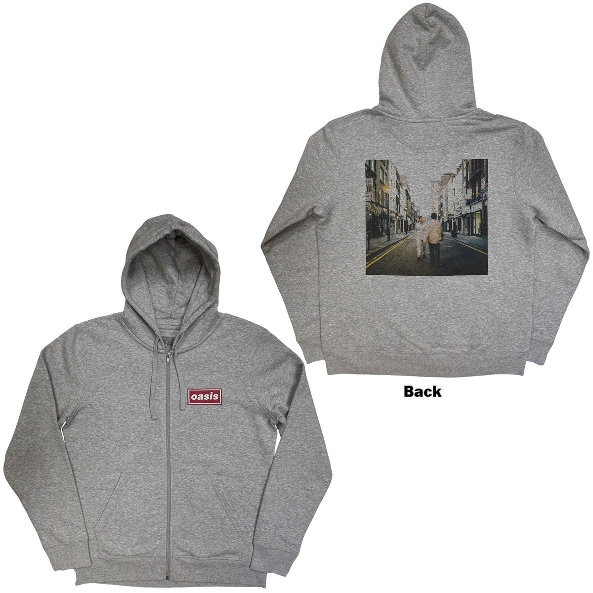 Oasis Zipped Hoodie: What's The Story Red Logo (Grey) (Back product image 1